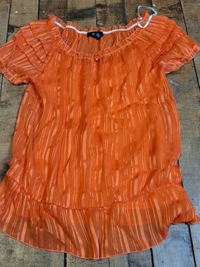 BCX Orange Sheer Stripe Ruffle Peasant Top Medium